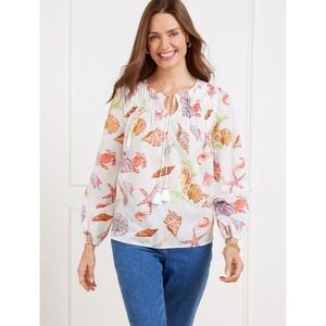 Talbots Pintuck Tie Front Top Size XL Underwater World Seashell Coastal Beachy‎